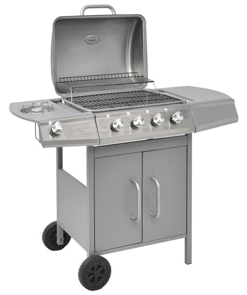 Barbecue a gas con 4 fuochi e piano di cottura aggiuntivo, colore argento