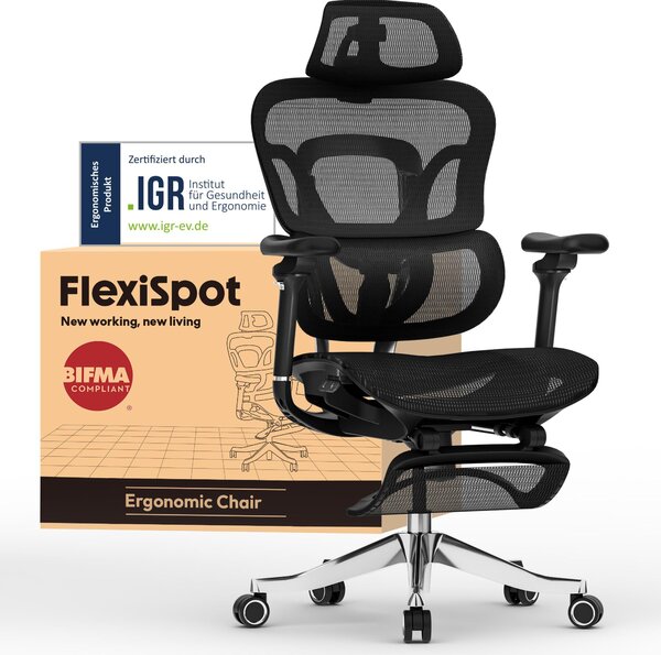 FLEXISPOT ErgoX Max sedia da ufficio ergonomica fino a 300 kg, con poggiapiedi, poggiatesta 4D e braccioli 5D, schienale monoblocco e supporto lombare, nero