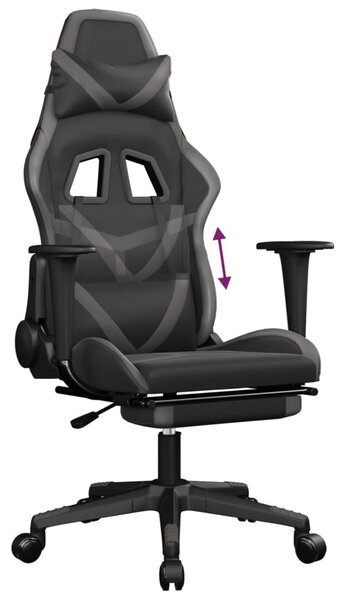 Sedia da Gaming con Poggiapiedi Nero e Grigio in Pelle finta