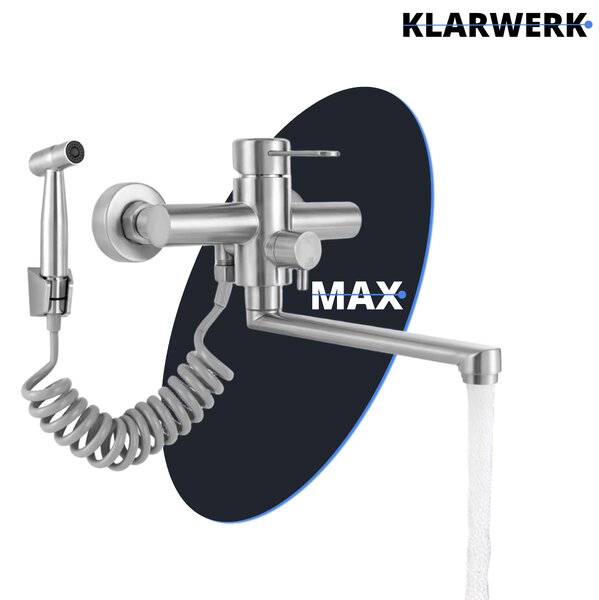 KLARWERK® MAX | Miscelatore per ristorazione a parete, finitura argento opaco | Miscelatore da cucina in acciaio inossidabile, lungo e piatto | Rubinetto da ristorante a parete con bocca di erogazione