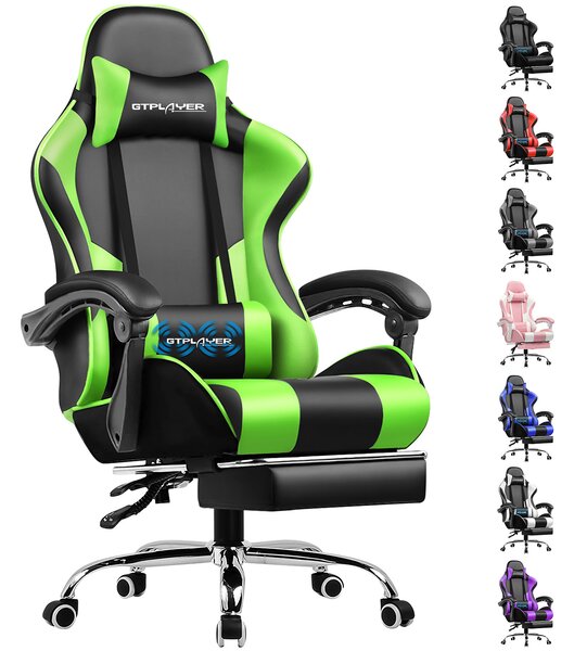 GTPLAYER Sedia da gioco con poggiapiedi e cuscino lombare massaggiante Sedia da ufficio Sedia da gioco Sedia da gioco ergonomica con braccioli collegabili fino a 150 kg di portata Verde