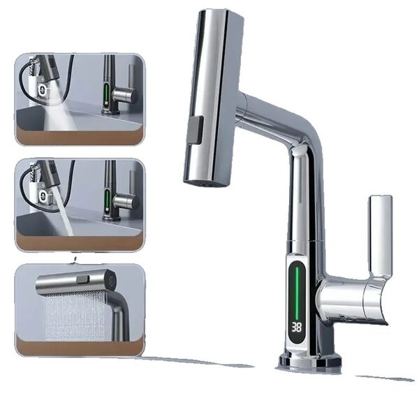 Miscelatore per lavabo con display digitale intelligente, sensibile alla temperatura, con funzione di estrazione, RubinettoManopoleManiglia