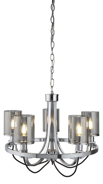 Lampadario Contemporaneo Catalina Acciaio Cromo Vetro Fumè 5 Luci E14