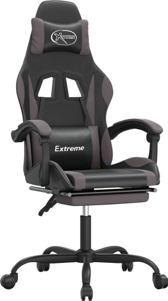Sedia da Gaming con Poggiapiedi Nero e Grigio in Pelle finta