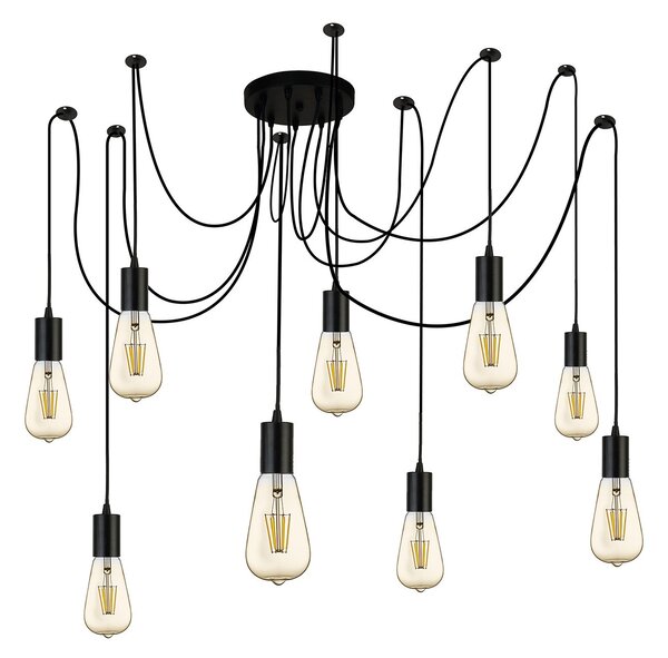 Lampadario Industrial-Nordico Squiggle Acciaio Nero 9 Luci E27