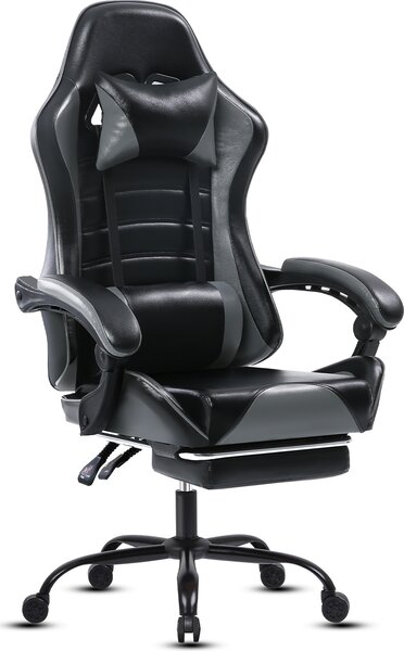 Sedia da gioco AIORBER, in Finto cuoio, con poggiapiedi, regolabile, con rotelle, ergonomica, sedia da ufficio, girevole a 360°, per camera da letto, ufficio, 65x65x123 cm, grigio
