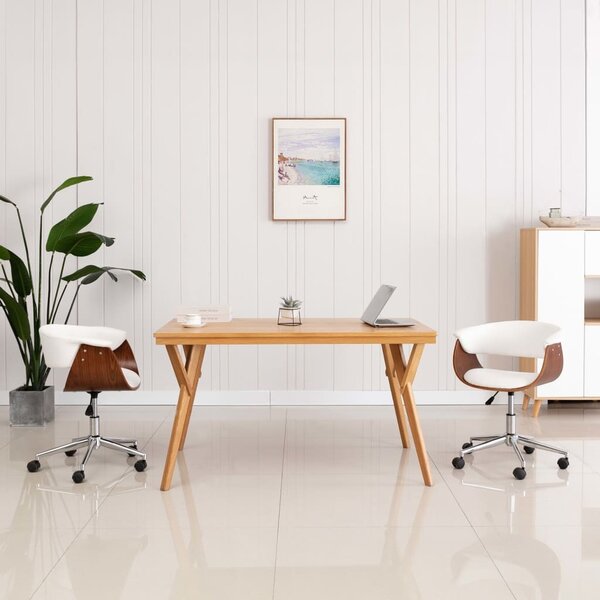The Living Store Sedia da ufficio girevole in legno curvato bianco e Pelle finta