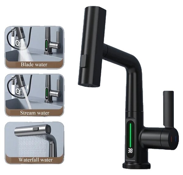 Miscelatore per lavabo con display digitale intelligente, sensibile alla temperatura, con funzione di estrazione, RubinettoManopoleManiglia