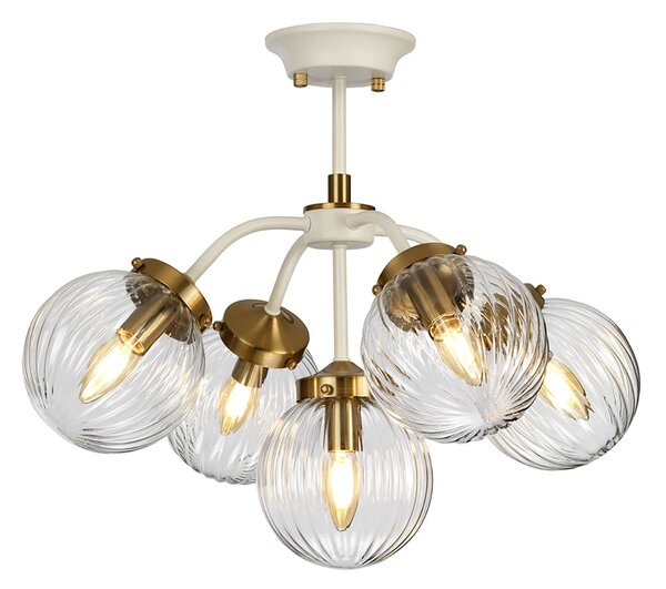 Lampadario Contemporaneo Cosmos Acciaio Crema Vetro Ottone 5 Luci E14