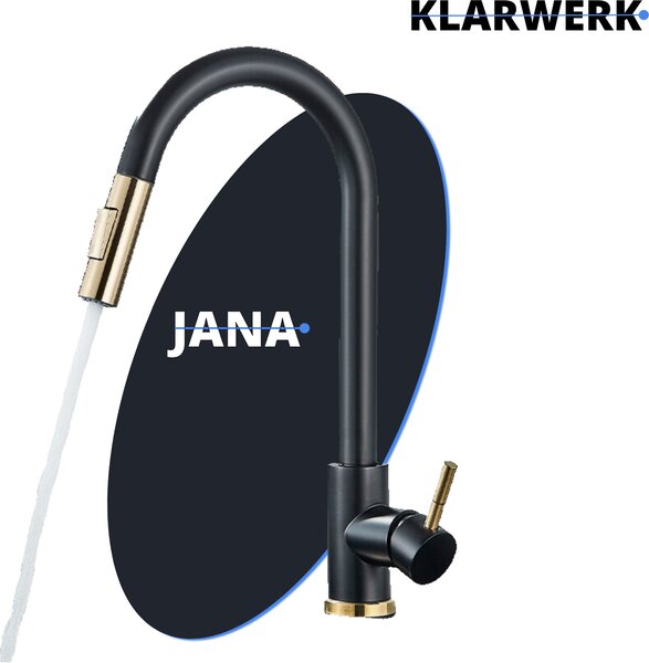 JANA | Rubinetto da cucina estraibile in acciaio inox premium oro nero | Rubinetto miscelatore ad alta arcata ad alta pressione girevole a 360° 2 attacchi | Rubinetto gastrico