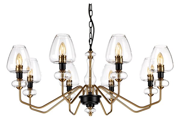 Lampadario Armand Acciaio Ottone Antico Nero Carbone Vetro Nero 8 Luci E14