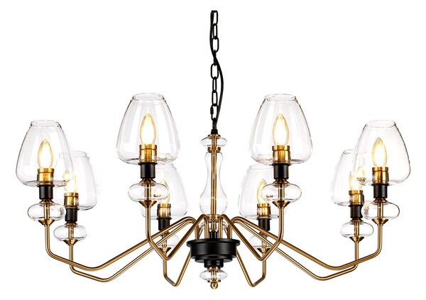 Lampadario Armand Acciaio Ottone Antico Nero Carbone Vetro Nero 8 Luci E14