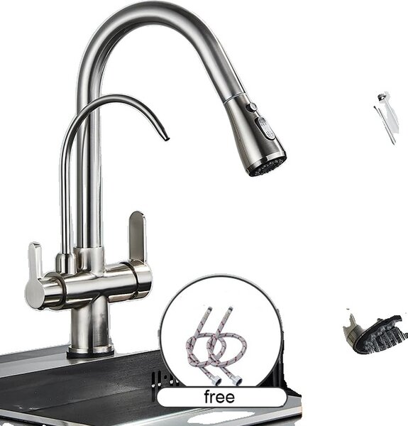 Rubinetto da cucina, Design a doppia maniglia, Funzione spray estraibile, Nickel spazzolato