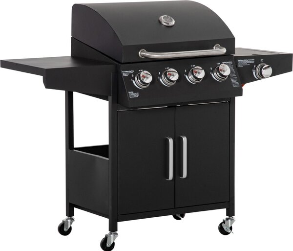 Barbecue a gas Fortuna Lai con 3 bruciatori da 3 kW ciascuno, carrello mobile con ruote, griglia, tavolini laterali, 132,4 cm x 55 cm x 109 cm
