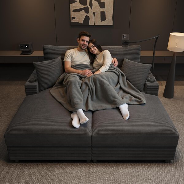 Divano letto matrimoniale Fortuna Lai con funzione letto, superficie imbottita, supporto per cellulare, porta USB e portabevande. Adatto per soggiorno, camera da letto o home cinema. Grigio