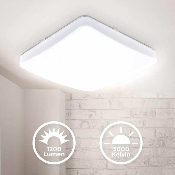 B.K.Licht Plafoniera LED, luce calda 3000K, 1200Lm, LED integrati 12W, quadrata 27x27cm, lampada da soffitto moderna per ingresso, corridoio o scale, plastica, IP20, 230V