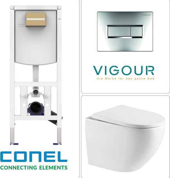WC sospeso con scarico Tornado, sedile WC SoftClose ed elemento a parete CONEL con placca di comando VIGOUR TEES, cromato