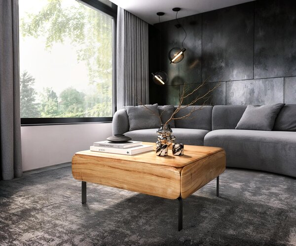 Tavolino DELIFE modello Shavani, 90x90 cm, legno di acacia naturale, 2 ante, base a forma di "L" in metallo nero