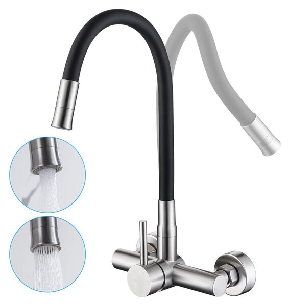Rubinetto da cucina a parete con beccuccio flessibile e 2 getti d'acqua