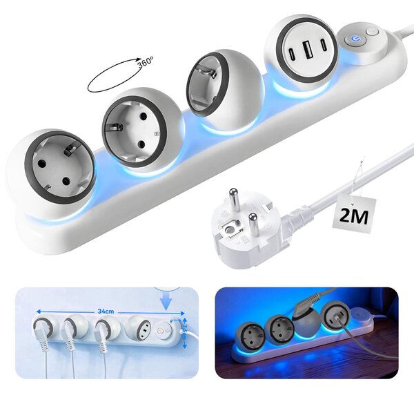 Multipresa a 3 prese ruotabile a 360°, con 3 porte USB (2 USB-C + 1 USB-A), interruttore e luce d'atmosfera a LED, montaggio a parete, multipresa con protezione da sovratensione
