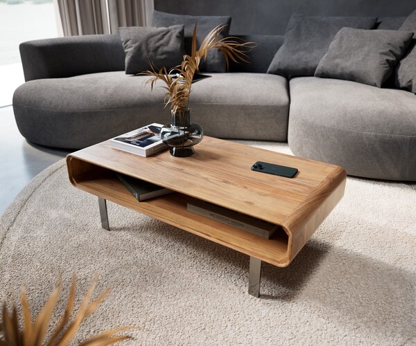 Tavolino DELIFE modello Anaya, 100x50 cm, legno di acacia naturale, 1 ripiano, base a forma di "L" in acciaio inossidabile