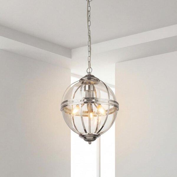 Lampada a sospensione vetro metallo E14 rotonda P: 32 cm H: max. 120 cm cromo paralume sferico a 3 luci Art Nouveau
