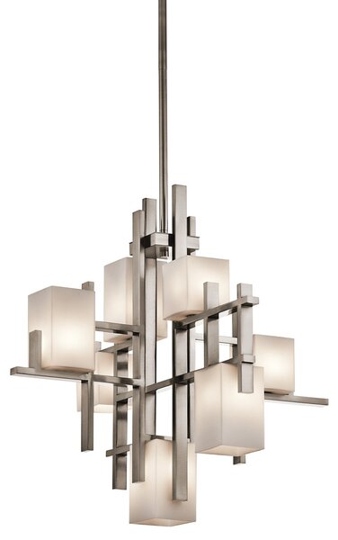 Lampadario Industrial Nordico City Lights Acciaio Peltro Vetro 7 Luci G9 3 Led
