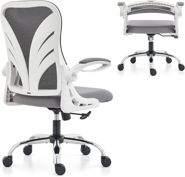 Sedia da ufficio ergonomica con schienale pieghevole, sedia da scrivania con seduta allungata (52 cm), braccioli ribaltabili e rete nera