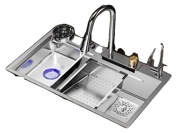 Lavello in acciaio inox, design a cascata, ampia fessura singola, C9-68x45cm