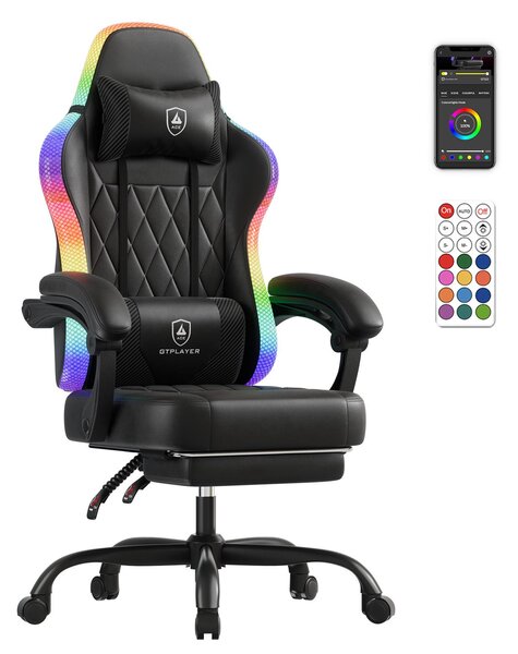 GTPLAYER Sedia da gioco, sedia da ufficio, sedia da gioco con barra luminosa a LED, sedia da gioco, schienale con borsa portaoggetti Sedia ergonomica per PC