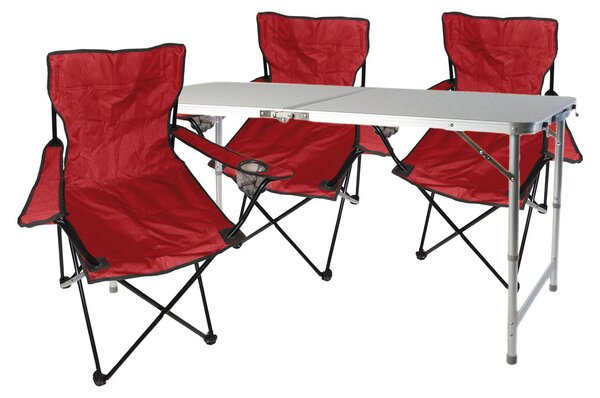 Set di mobili da campeggio da 4 pezzi, rosso: tavolo regolabile in altezza + sedie