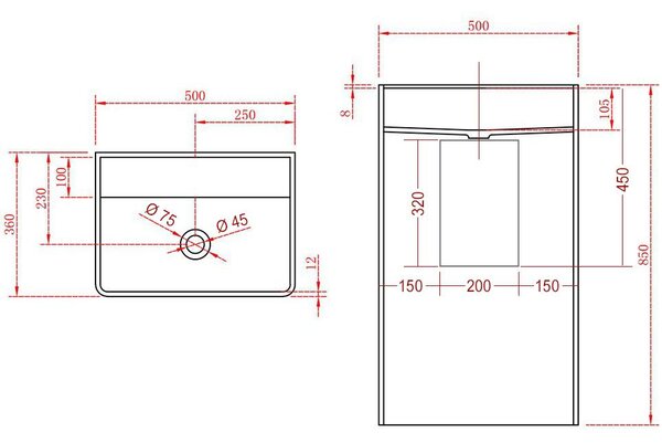 Lavabo da appoggio TWZ26 - Materiale composito minerale - 50 x 36 x 85 cm, colore: bianco opaco