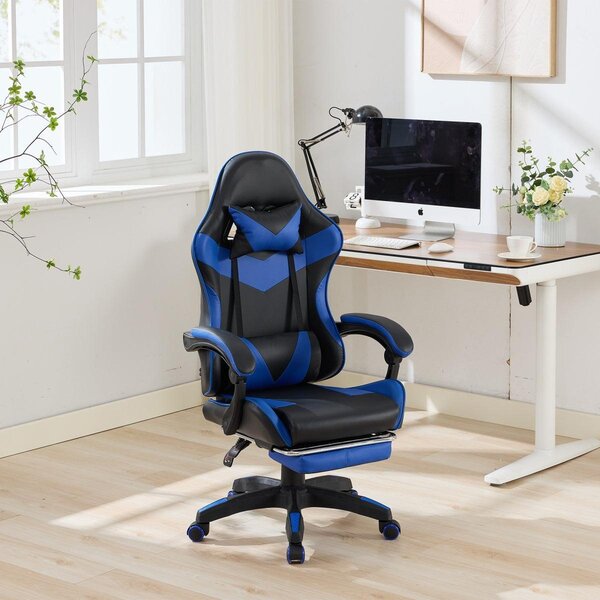 Sedia da gioco dal design racing, funzione reclinabile a 155°, poggiapiedi, massaggio lombare, nero-blu