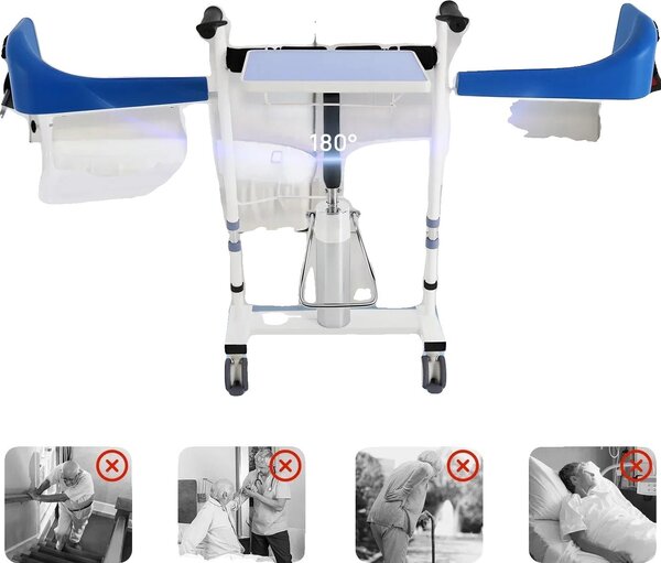 Sedia di sollevamento mobile per pazienti, portata 100 kg, acciaio altamente legato resistente, regolabile in altezza, schienale ribaltabile a 180°, ruote in TPE