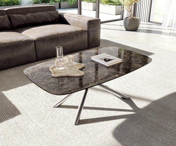 DELIFE Tavolino da divano Edge Boot, 120x70 cm, piano in Vetroceramica Emperador extra lucida, marrone scuro, struttura in acciaio inossidabile spazzolato