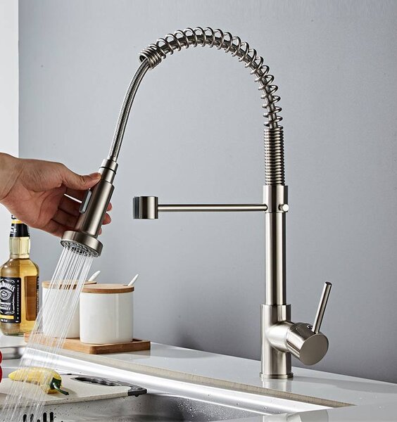 Rubinetto estraibile da cucina, miscelatore da cucina con molla a spirale a 360°, rubinetto da cucina, spray a due funzioni, grigio