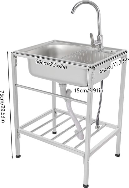 Lavello in acciaio inox, design a vasca singola, rubinetto per acqua calda e fredda, argento