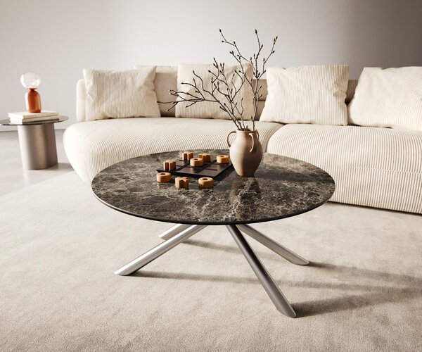 Tavolino DELIFE modello Edge, forma rotonda, 90x90 cm, piano in Vetroceramica Emperador extra lucida, colore marrone scuro, struttura in acciaio inossidabile spazzolato