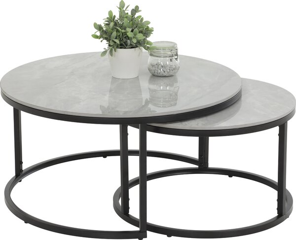 Set di 2 tavolini Luis-round piano in vera pietra effetto marmo struttura in metallo nero lucido, Ø80+60cm