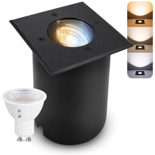 SSC-LUXon JUAVI Lampada da incasso a pavimento Lampada da esterno IP67 - con LumiFLEX GU10 LED dimmerabile 6W tre colori di luce - Faretto da pavimento nero opaco angolare carrabile