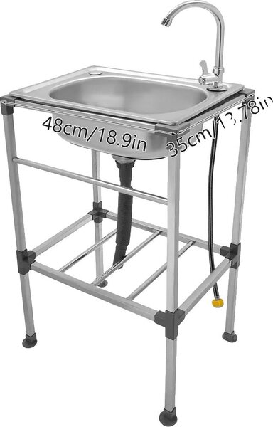 Lavabo in acciaio inox, design free-standing, incluso rubinetto, argento