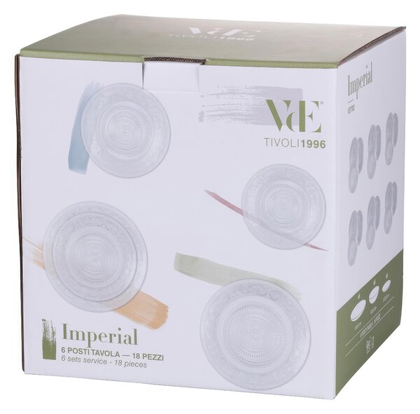 Servizio piatti 18 pezzi in Vetro Imperiale Inciso Design classico, 6 posti tavola, decoro a rilievo