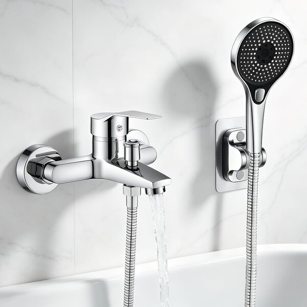 Rubinetto da bagno cromato con doccetta manuale e 3 funzioni