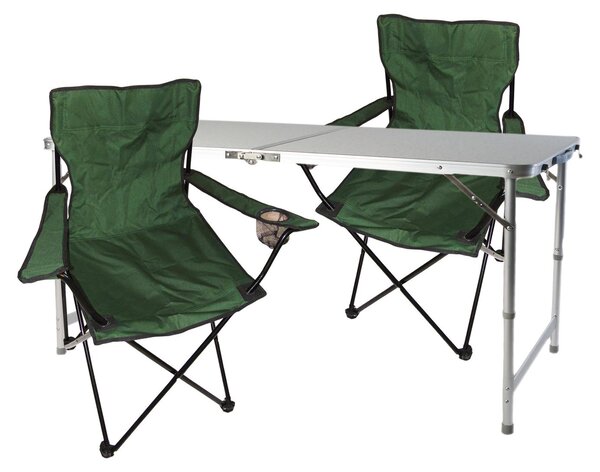 Set di mobili da campeggio in 3 pezzi, verde: tavolo regolabile in altezza, sedie e borsa
