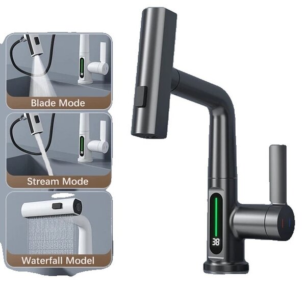 Miscelatore per lavabo, display digitale induttivo, struttura in acciaio inox, grigio canna di fucile