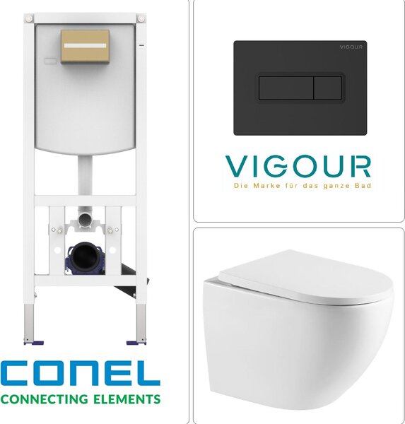 WC sospeso con scarico Tornado, sedile WC SoftClose ed elemento a parete CONEL con placca di comando VIGOUR TEES, nero opaco