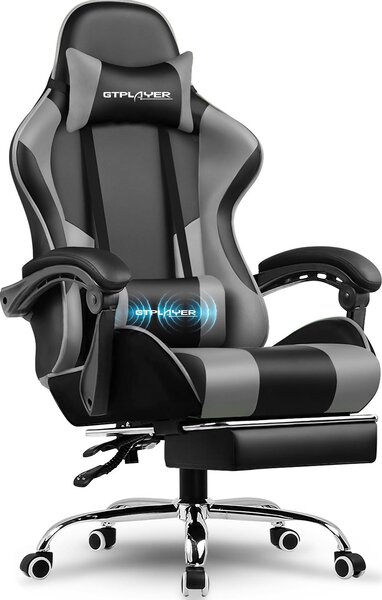 Sedia da gioco GTPLAYER, sedia da ufficio, sedia ergonomica per PC, poltrona da gioco con supporto lombare massaggiante, poggiapiedi e poggiatesta, ecopelle grigia
