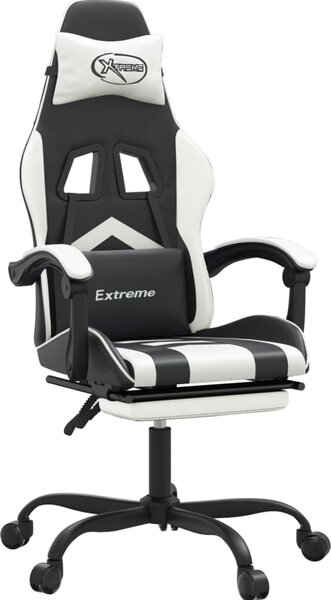 Sedia da Gaming con Poggiapiedi Nero e Bianco in Pelle finta