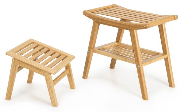 Costway Set sgabello di bambù per doccia e poggiapiedi, Sgabello doccia con ripiano sottostante per bagno Naturale