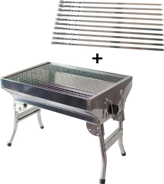 Mangal Angler, in acciaio inossidabile con gambe pieghevoli + 10 spiedini in acciaio inossidabile, barbecue a carbonella, portatile, compatto, BBQ
